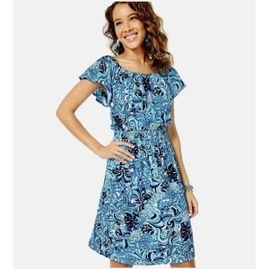Lilly Pulitzer Clarette Flutter Sleeve Dress XL Blue White Smocked Waist Playful